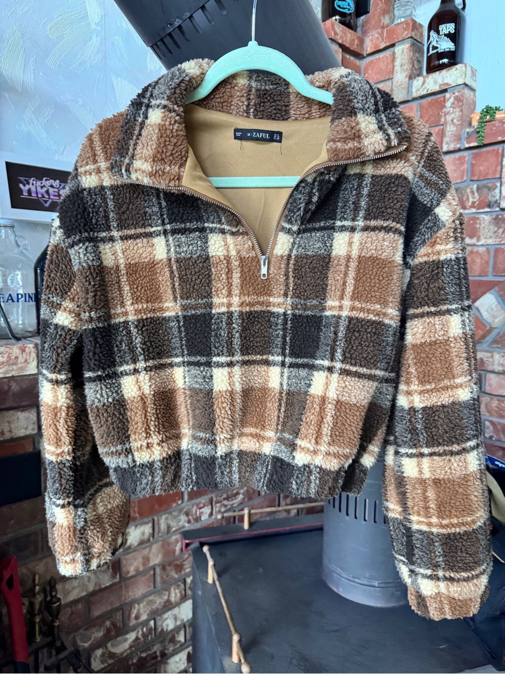 ZAFUL sherpa plaid cropped half-zip pullover